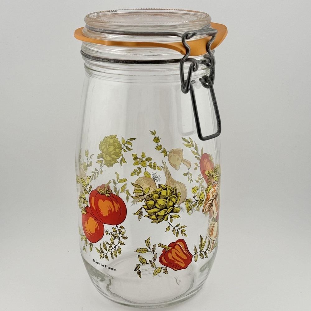 Vintage Arc France Mushrooms Garden Veg Spice of Life Clear Glass Jar 1.5L Hinge